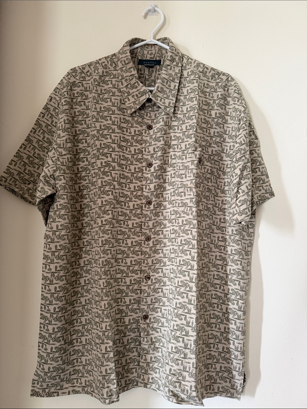 MANTLES Casual Short-Sleeve Button-Up Shirt in Beige with Green Print, SIZE XL